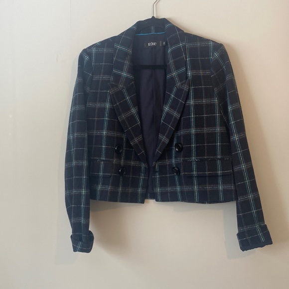 Navy Plaid Tweed Cropped Blazer - Picture 1 of 4